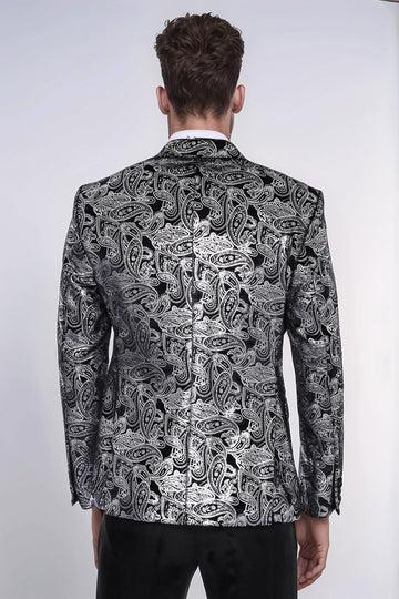 Men’s Silver Metallic Paisley Evening Blazer – Slim Fit with Black Satin Peak Lapels