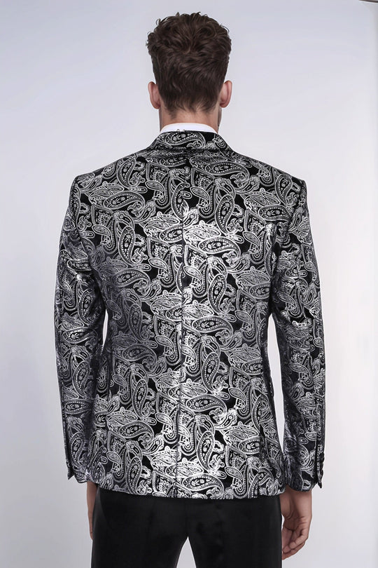 Men’s Silver Metallic Paisley Evening Blazer – Slim Fit with Black Satin Peak Lapels