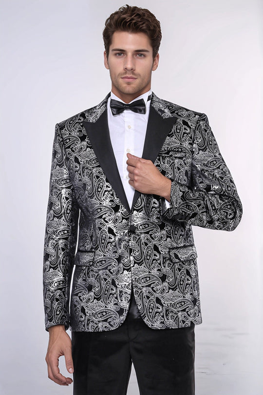 Men’s Silver Metallic Paisley Evening Blazer – Slim Fit with Black Satin Peak Lapels