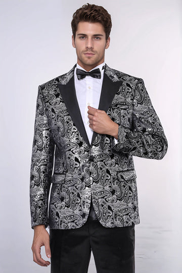 Men’s Silver Metallic Paisley Evening Blazer – Slim Fit with Black Satin Peak Lapels