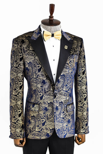 Men’s Midnight Navy & Gold Paisley Evening Blazer – Slim Fit with Black Satin Peak Lapels