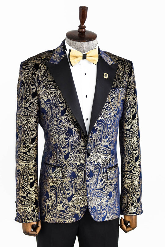 Men’s Midnight Navy & Gold Paisley Evening Blazer – Slim Fit with Black Satin Peak Lapels