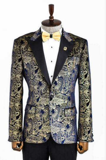 Men’s Midnight Navy & Gold Paisley Evening Blazer – Slim Fit with Black Satin Peak Lapels