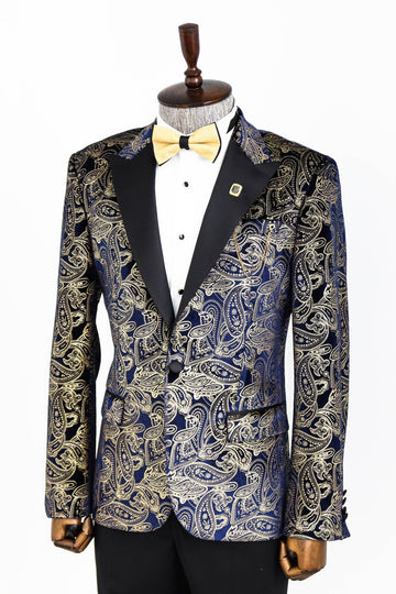 Men’s Midnight Navy & Gold Paisley Evening Blazer – Slim Fit with Black Satin Peak Lapels