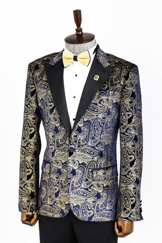 Men’s Midnight Navy & Gold Paisley Evening Blazer – Slim Fit with Black Satin Peak Lapels