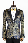 Men’s Midnight Navy & Gold Paisley Evening Blazer – Slim Fit with Black Satin Peak Lapels