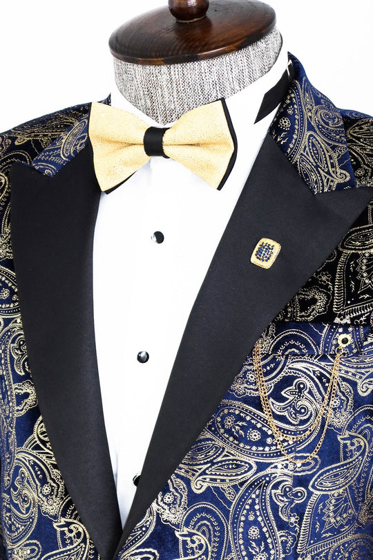 Men’s Midnight Navy & Gold Paisley Evening Blazer – Slim Fit with Black Satin Peak Lapels