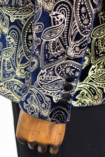 Men’s Midnight Navy & Gold Paisley Evening Blazer – Slim Fit with Black Satin Peak Lapels