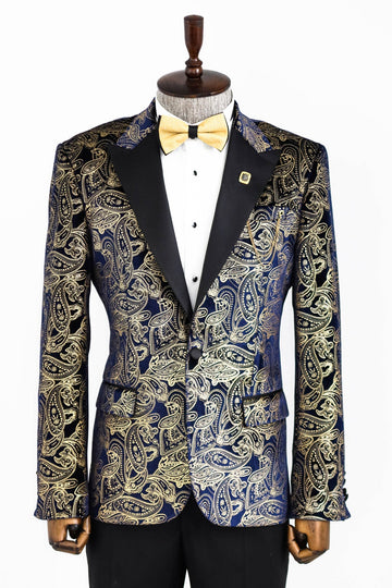 Men’s Midnight Navy & Gold Paisley Evening Blazer – Slim Fit with Black Satin Peak Lapels