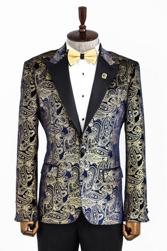 Men’s Midnight Navy & Gold Paisley Evening Blazer – Slim Fit with Black Satin Peak Lapels