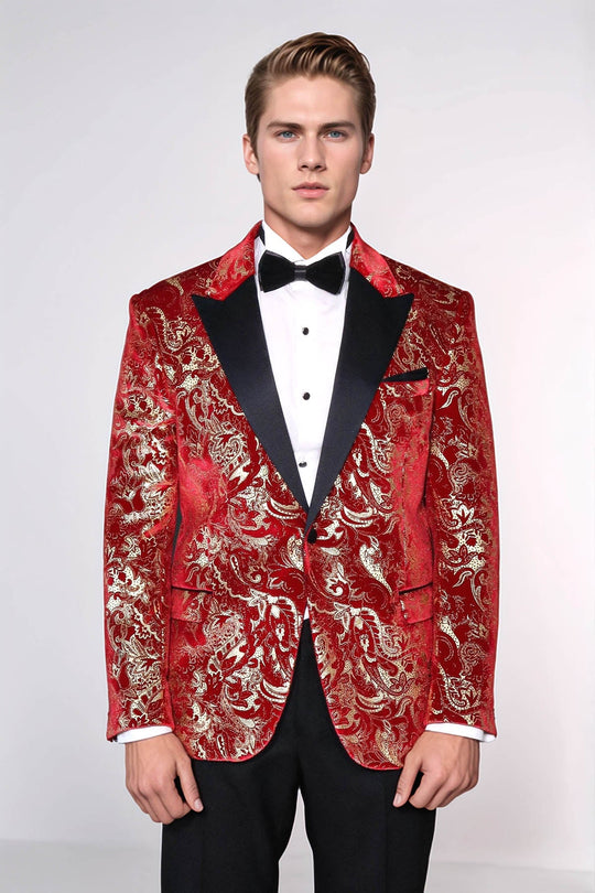 Men’s Crimson Red Gold Patterned Slim Fit Single Breasted Tuxedo Blazer