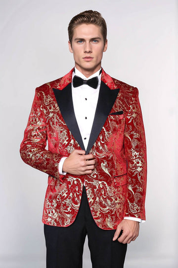 Men’s Crimson Red Gold Patterned Slim Fit Single Breasted Tuxedo Blazer