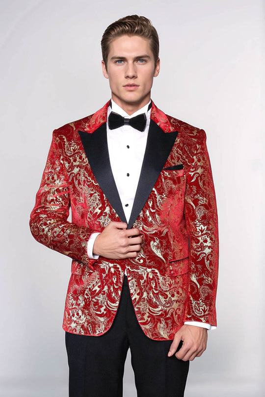 Men’s Crimson Red Gold Patterned Slim Fit Single Breasted Tuxedo Blazer