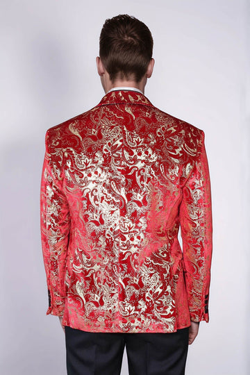Men’s Crimson Red Gold Patterned Slim Fit Single Breasted Tuxedo Blazer