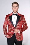 Men’s Crimson Red Gold Patterned Slim Fit Single Breasted Tuxedo Blazer