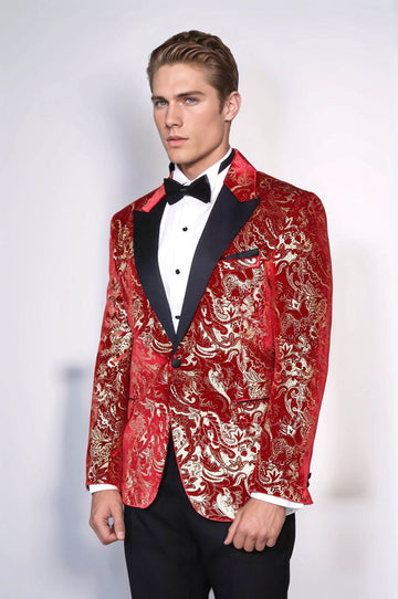Men’s Crimson Red Gold Patterned Slim Fit Single Breasted Tuxedo Blazer