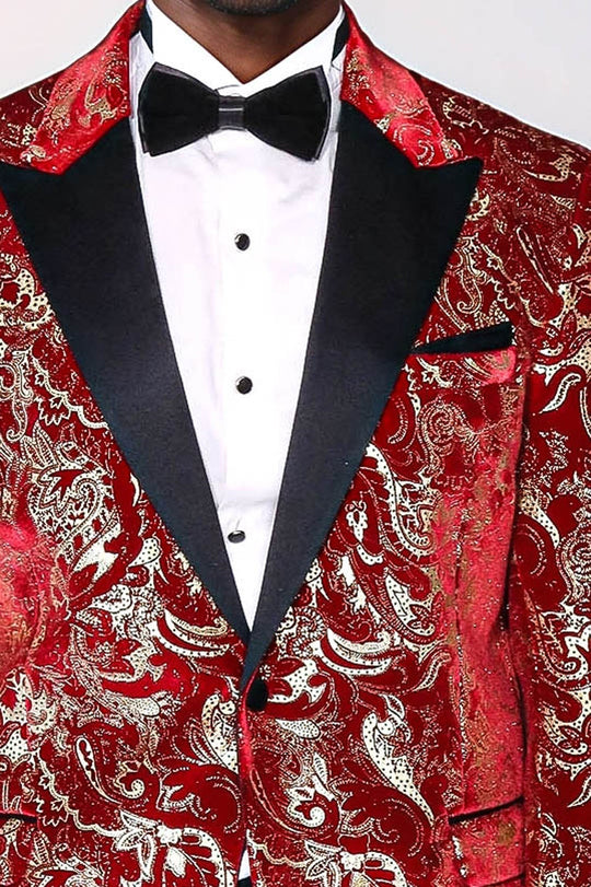 Men’s Crimson Red Gold Patterned Slim Fit Single Breasted Tuxedo Blazer