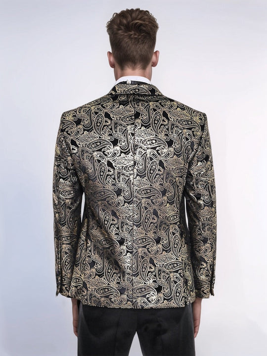 Men’s Obsidian Black & Gold Paisley Evening Blazer – Slim Fit with Satin Peak Lapels
