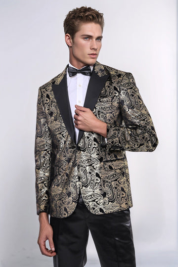 Men’s Obsidian Black & Gold Paisley Evening Blazer – Slim Fit with Satin Peak Lapels