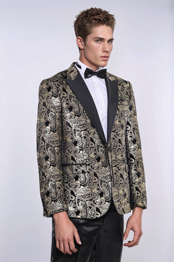 Men’s Obsidian Black & Gold Paisley Evening Blazer – Slim Fit with Satin Peak Lapels