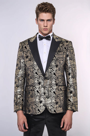 Men’s Obsidian Black & Gold Paisley Evening Blazer – Slim Fit with Satin Peak Lapels