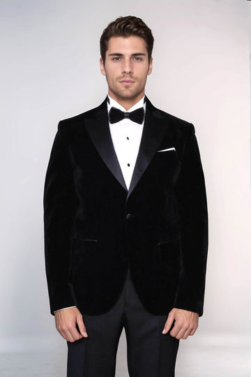 Men’s Midnight Black Velvet Dinner Jacket – Slim Fit with Satin Peak Lapels