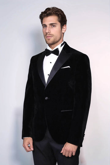 Men’s Midnight Black Velvet Dinner Jacket – Slim Fit with Satin Peak Lapels
