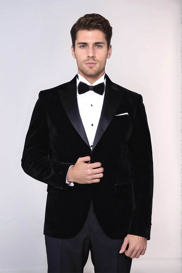 Men’s Midnight Black Velvet Dinner Jacket – Slim Fit with Satin Peak Lapels