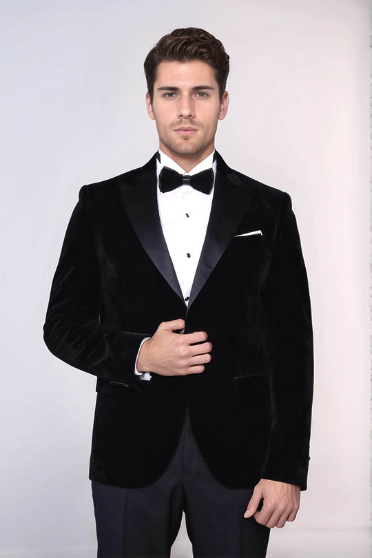 Men’s Midnight Black Velvet Dinner Jacket – Slim Fit with Satin Peak Lapels