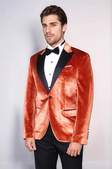 Men’s Copper Rust Velvet Dinner Jacket – Slim Fit with Black Satin Peak Lapels