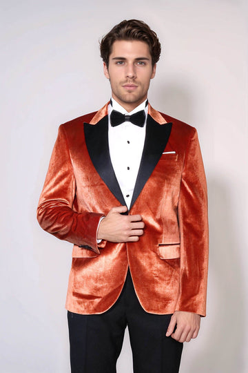 Men’s Copper Rust Velvet Dinner Jacket – Slim Fit with Black Satin Peak Lapels