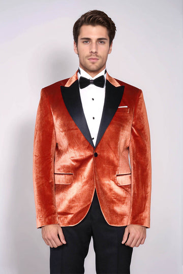 Men’s Copper Rust Velvet Dinner Jacket – Slim Fit with Black Satin Peak Lapels