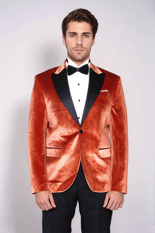 Men’s Copper Rust Velvet Dinner Jacket – Slim Fit with Black Satin Peak Lapels