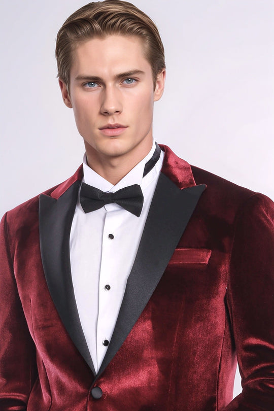 Men’s Deep Burgundy Velvet Slim Fit Peak Lapel Tuxedo Jacket