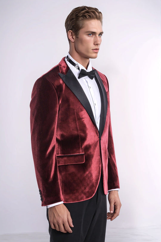 Men’s Deep Burgundy Velvet Slim Fit Peak Lapel Tuxedo Jacket