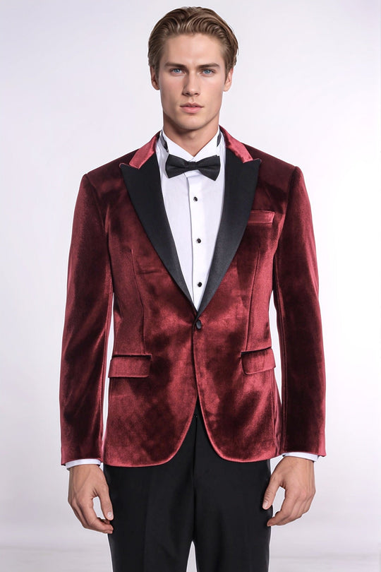 Men’s Deep Burgundy Velvet Slim Fit Peak Lapel Tuxedo Jacket