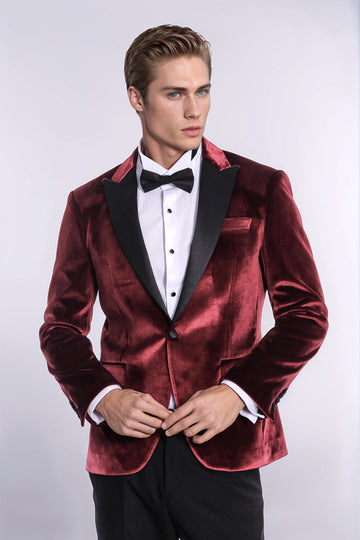 Men’s Deep Burgundy Velvet Slim Fit Peak Lapel Tuxedo Jacket