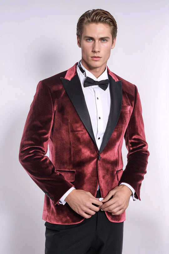 Men’s Deep Burgundy Velvet Slim Fit Peak Lapel Tuxedo Jacket