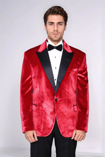 Men’s Crimson Red Velvet Slim Fit Peak Lapel Wedding Tuxedo Blazer