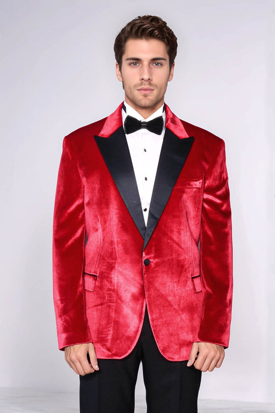 Men’s Crimson Red Velvet Slim Fit Peak Lapel Wedding Tuxedo Blazer