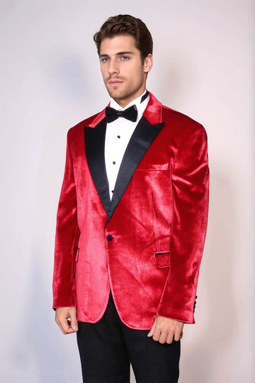 Men’s Crimson Red Velvet Slim Fit Peak Lapel Wedding Tuxedo Blazer