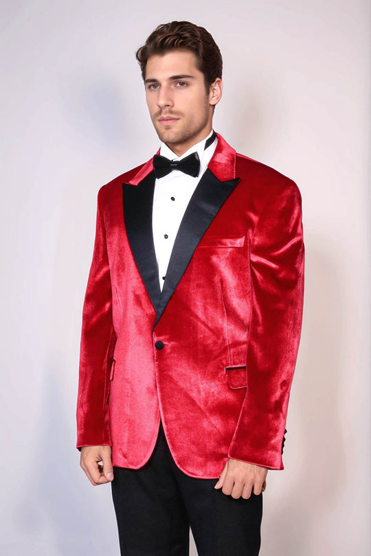 Men’s Crimson Red Velvet Slim Fit Peak Lapel Wedding Tuxedo Blazer