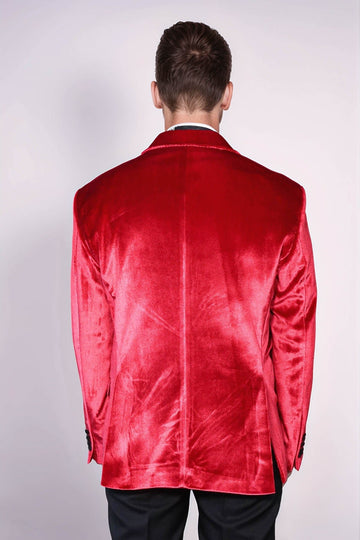 Men’s Crimson Red Velvet Slim Fit Peak Lapel Wedding Tuxedo Blazer