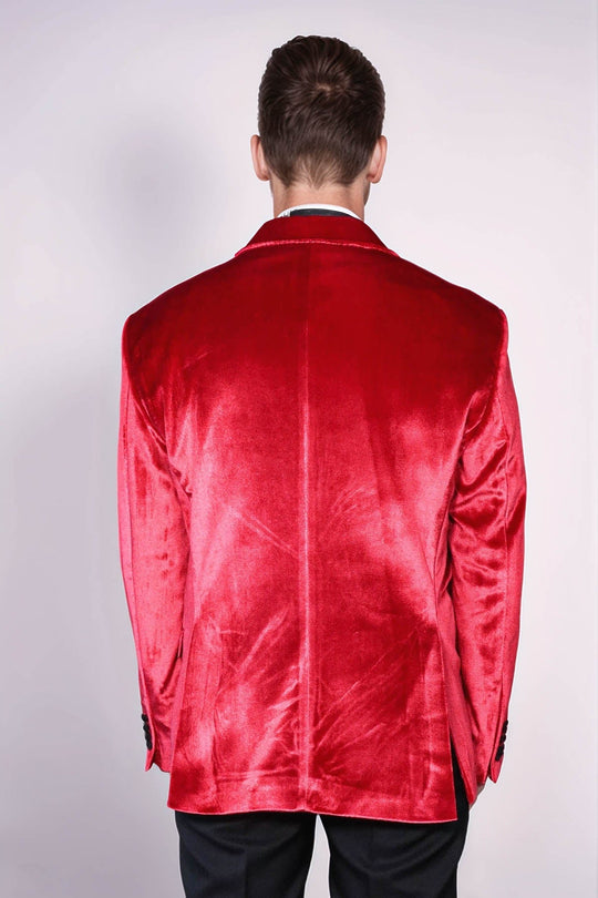 Men’s Crimson Red Velvet Slim Fit Peak Lapel Wedding Tuxedo Blazer