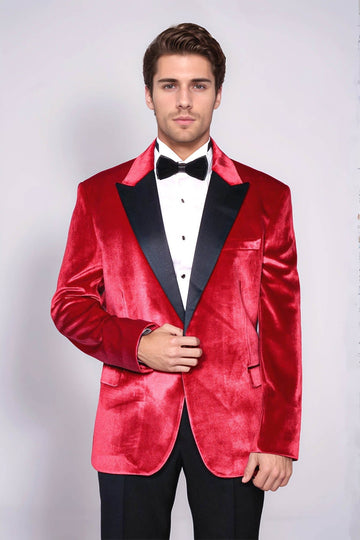 Men’s Crimson Red Velvet Slim Fit Peak Lapel Wedding Tuxedo Blazer