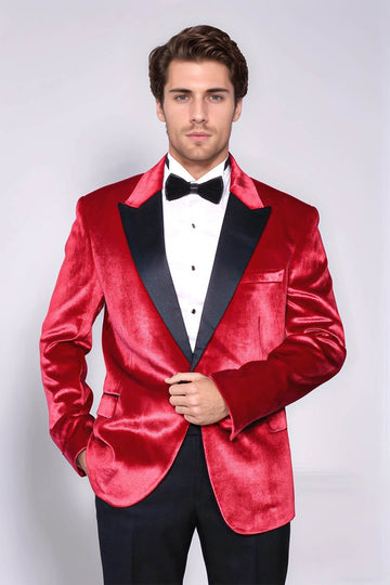 Men’s Crimson Red Velvet Slim Fit Peak Lapel Wedding Tuxedo Blazer