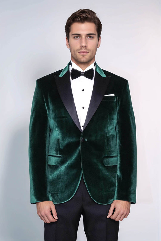 Men’s Emerald Green Velvet Dinner Jacket – Slim Fit with Black Satin Peak Lapels