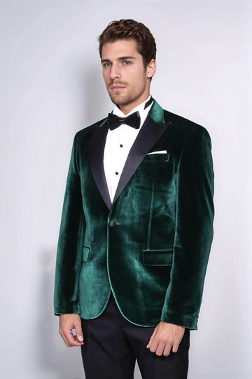 Men’s Emerald Green Velvet Dinner Jacket – Slim Fit with Black Satin Peak Lapels