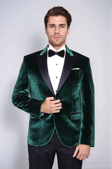 Men’s Emerald Green Velvet Dinner Jacket – Slim Fit with Black Satin Peak Lapels
