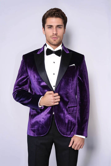 Men’s Royal Purple Velvet Dinner Jacket – Slim Fit with Black Satin Peak Lapels